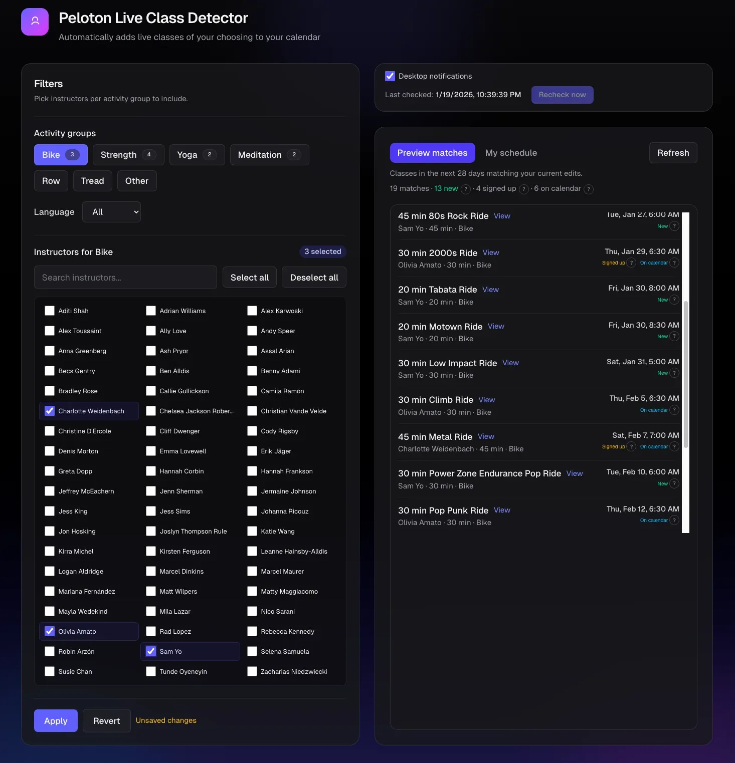 Peloton Calendar screenshot